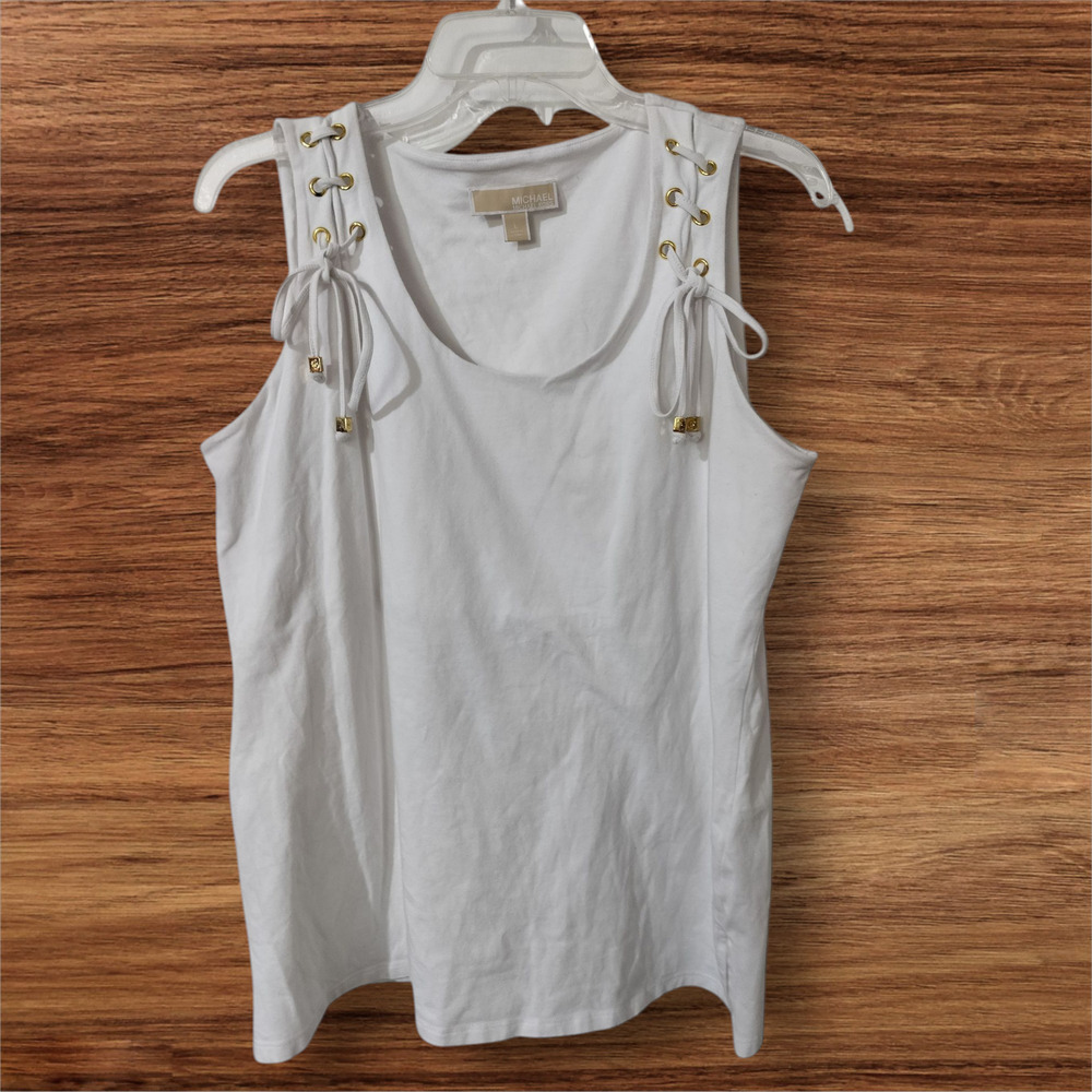 3635) Michael Kors Sleeveless White Gold Gourmet Tie Detail Top Large